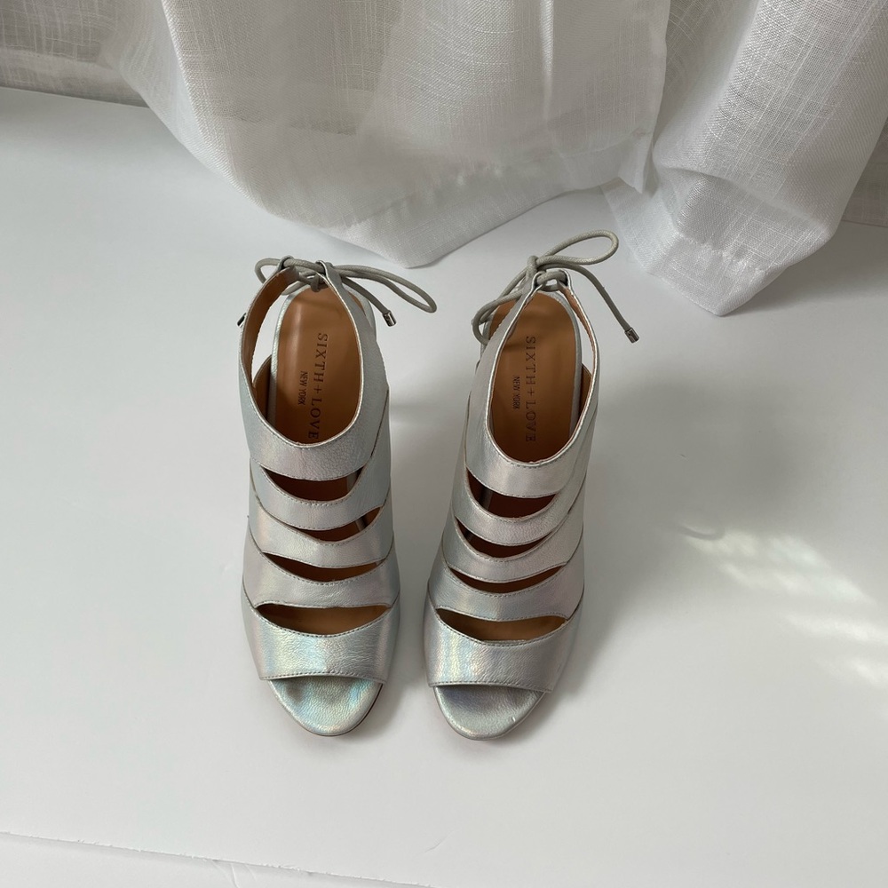 Sixth +Love silver sandal with string-tie back closure
